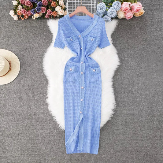 Ribbed Knit Midi Dress – Button Front, Elegant & Slim Fit