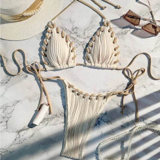 Boho Braided Bikini Set – Ribbed Texture in Ivory